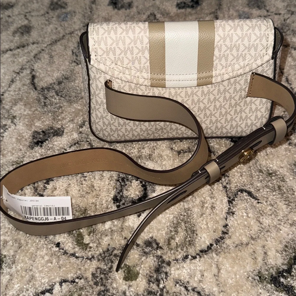Michael Kors White and Taupe Monogram Crossbody Belt Bag
